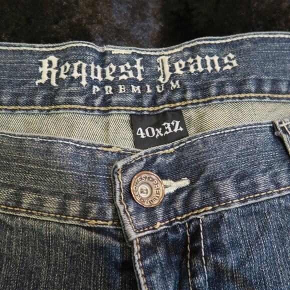 Mens Request Denim Jeans Embroidered 40x32 Leather Detail Back Patch Straight - Picture 7 of 14
